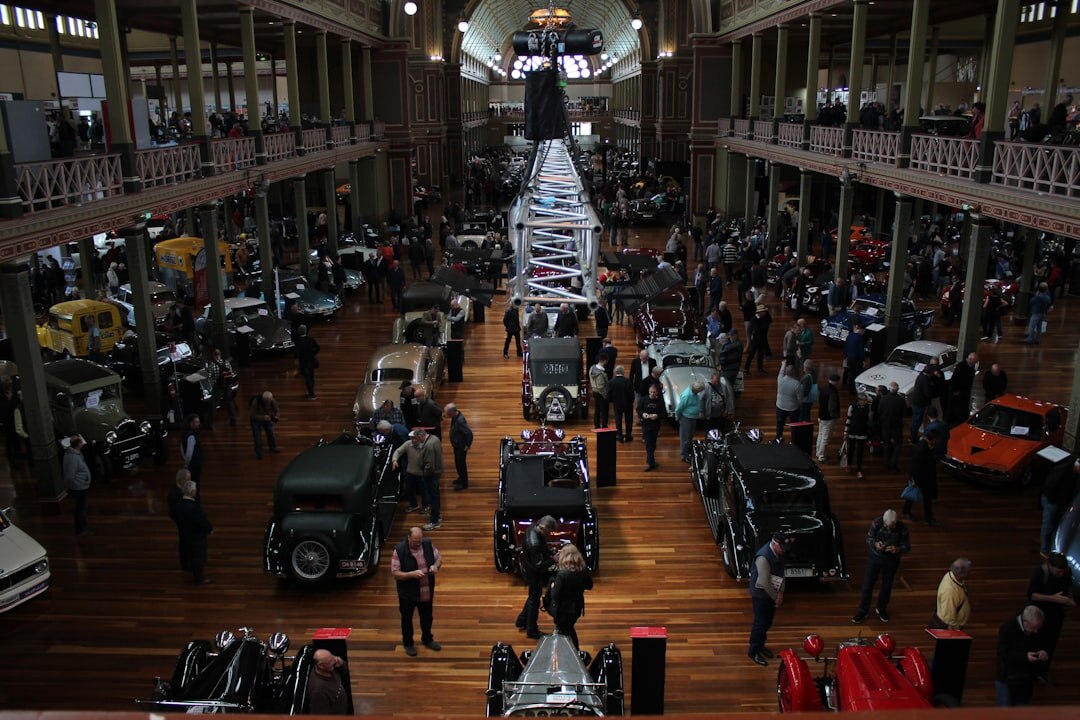 Interior of a classic automobile museum exhibition hall
